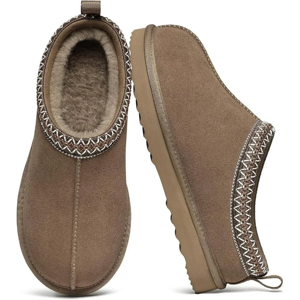 Women's Mocha Suede Fuzzy Slippers for Winter Warm House Shoes Cozy Boots
